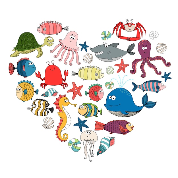 Free vector fish and marine animals in shape of heart,