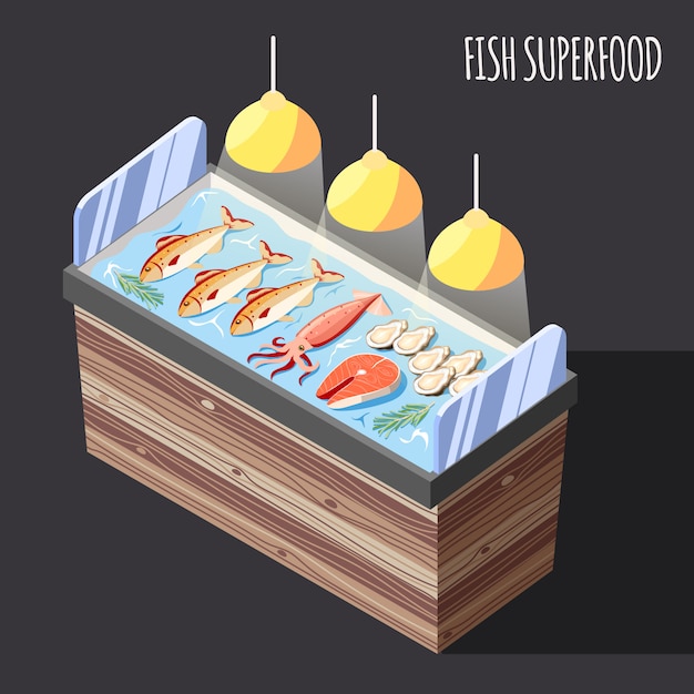 Free Vector fish superfood isometric with fresh products on ice counter vector illustration