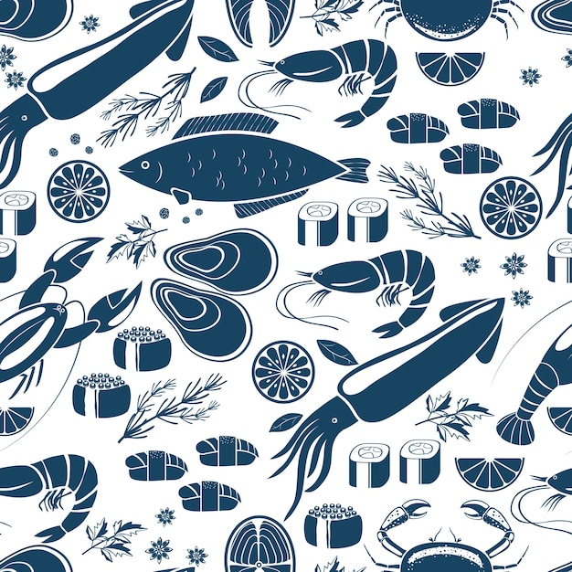 Fish  sushi and seafood seamless background patter in blue and white vector icons of calamari  lobster  crab  sushi  shrimp  prawn  mussel  salmon steak  lemon and herbs for print or textile