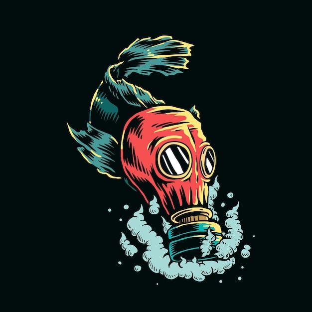 Fish wearing gas mask in polluted water  illustration