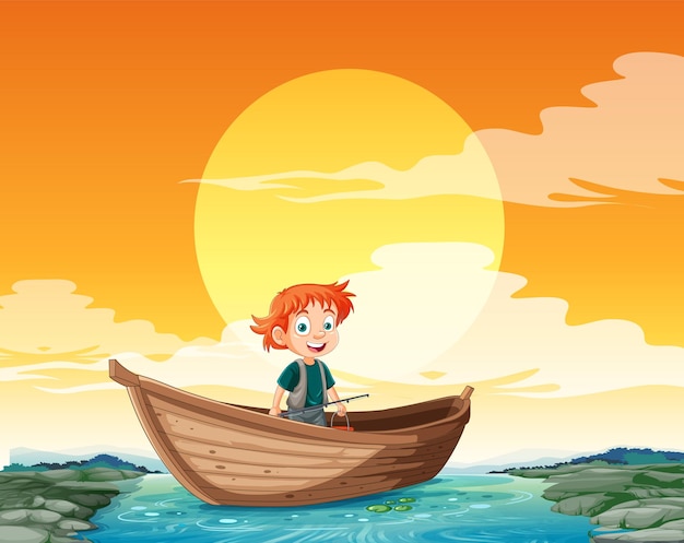 Free Vector fisherman fishing at sunset