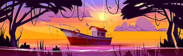 Free Vector fishing boat on lake at sunrise