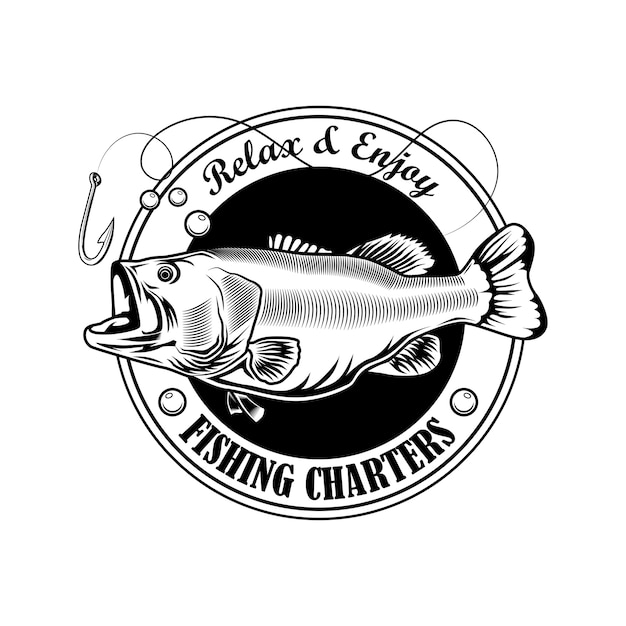 Fishing charter stamp vector illustration. Fish, hook and text on ribbon. Fishing concept for camp emblems and labels templates