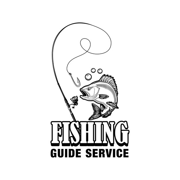 Fishing guide service label vector illustration. Fish, tackle, hook and text. Fishing or sport concept for club or community emblems and badges templates