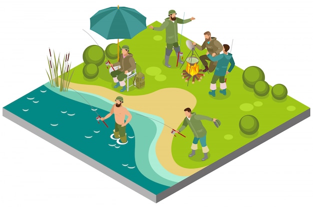 Fishing tourism isometric composition with fishers near bonfire and during catching on bank river