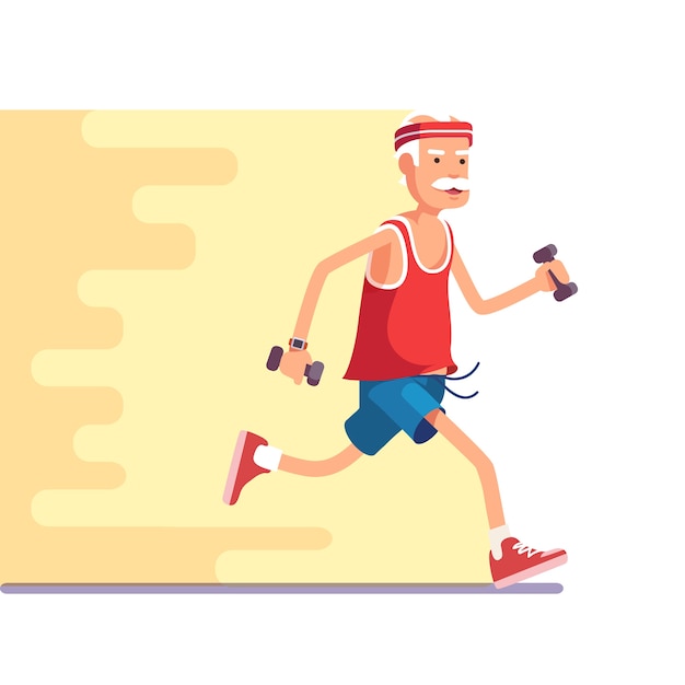 Free Vector fit elderly man jogging with dumbbells in hands