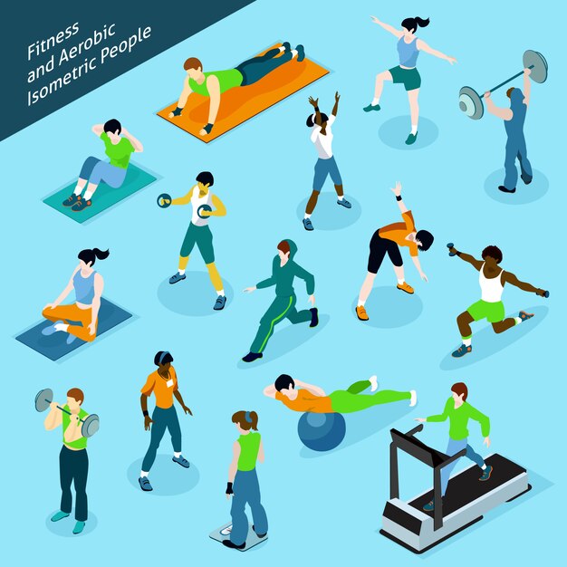 Fitness Aerobic Isometric People Icon Set