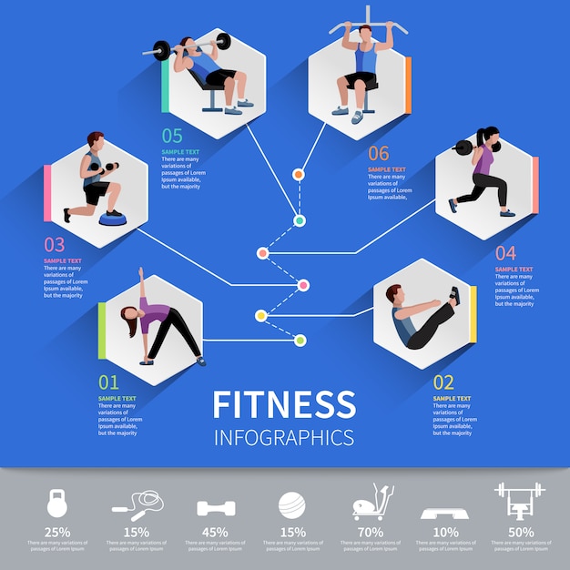 Free Vector fitness aerobic and muscle strength development program hexagon pictograms