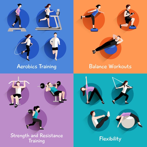 Fitness aerobic strength and body shaping exercises 4 flat icons 