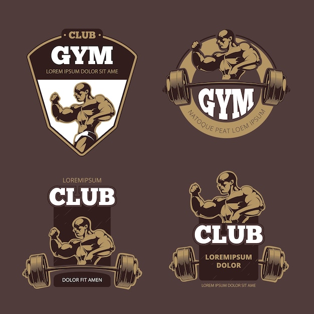 Fitness and bodybuilder sports retro emblems, labels, badges, logos.