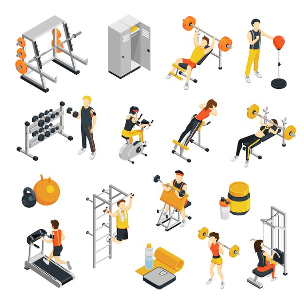 Fitness isometric icons set with people training in gym using sport equipment 