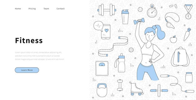 Fitness landing page in doodle style woman exercising with dumbbells healthy lifestyle sport weight loss and workout recreation in gym Fit girl gadgets for sports life Linear vector web banner