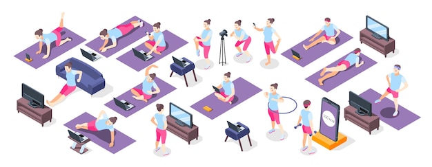 Free Vector fitness online isometric icons set of people with sport inventory doing physical exercises used tv or laptop vector illustration