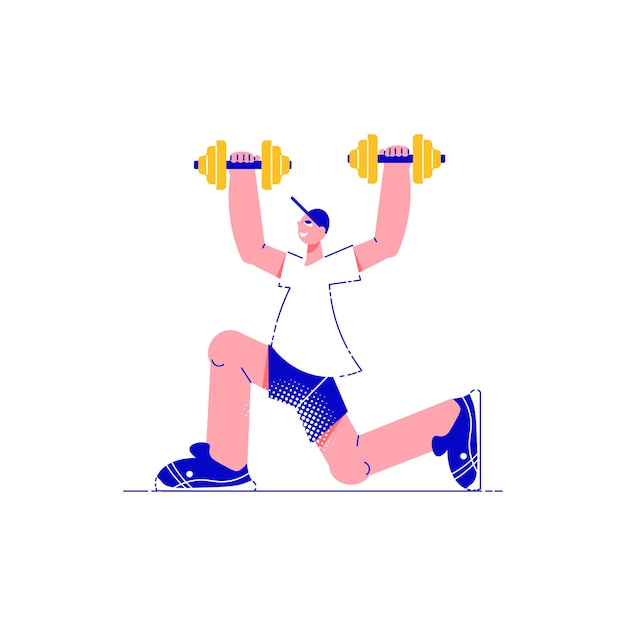 Free Vector fitness people flat composition with male character holding two barbells in hands vector illustration