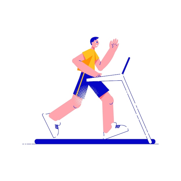 Fitness people flat composition with side view of man on running machine vector illustration