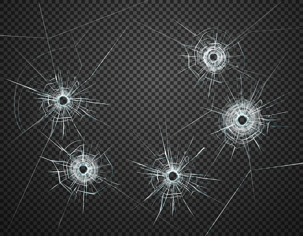 Free Vector five bullet holes in glass closeup realistic image against dark transparent background  illustration