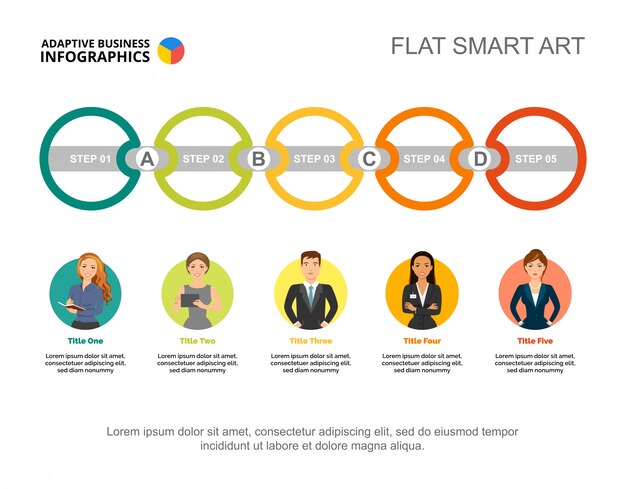 Five connected circles process chart template for presentation. Business data. 