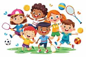 Free vector five happy children playing sports with various equipment on a green field