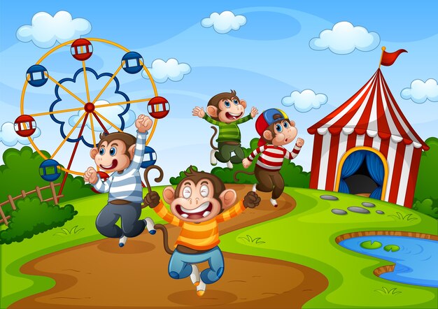 Five little monkeys jumping in the amusement park scene