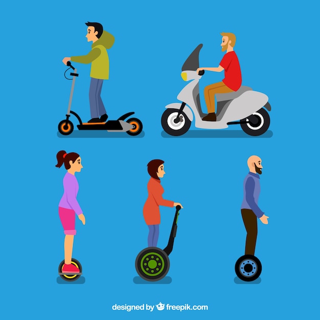 Free Vector five persons on electric scooters