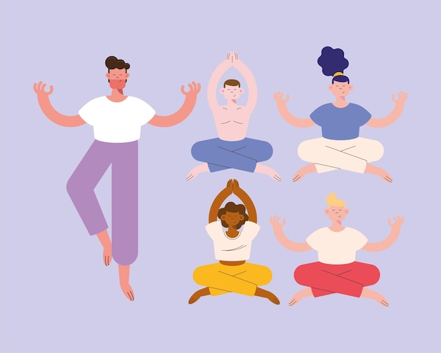 Free Vector five persons practicing yoga