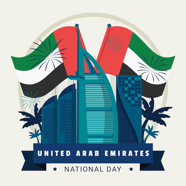 Free vector flags and fireworks united arab emirates day