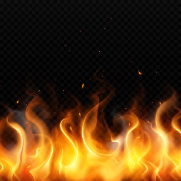 Free vector flame of gold fire on dark transparent background with red sparks flying up realistic