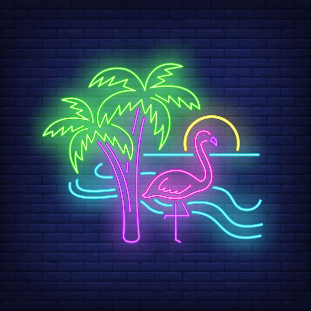 Flamingo on beach neon sign. 