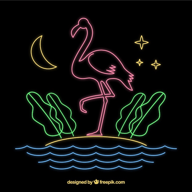 Free Vector flamingo neon with beach elements 