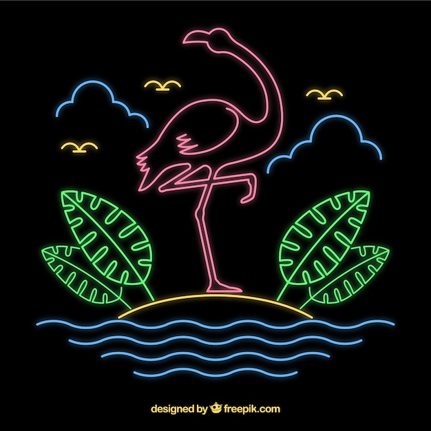 Free Vector flamingo neon with beach elements 