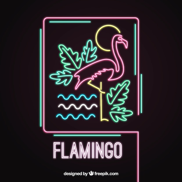 Free Vector flamingo neon with beach elements 