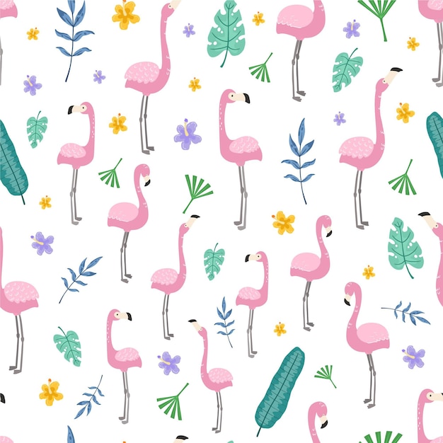 Flamingo pattern with tropical leaves