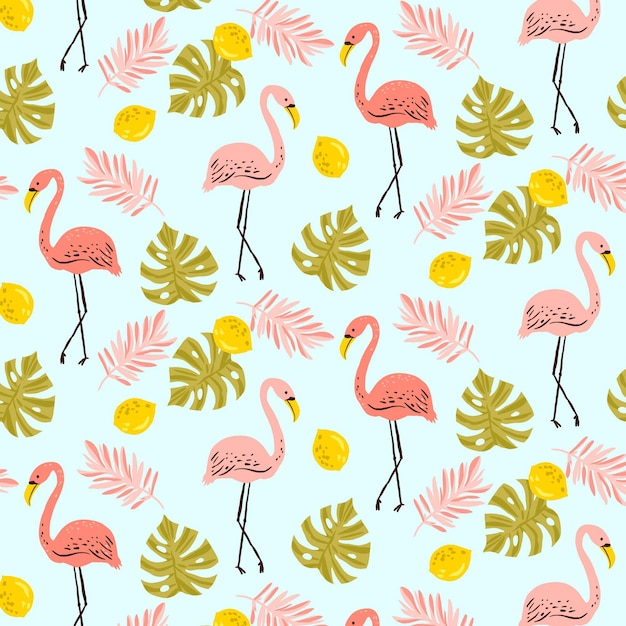 Flamingo pattern with tropical leaves