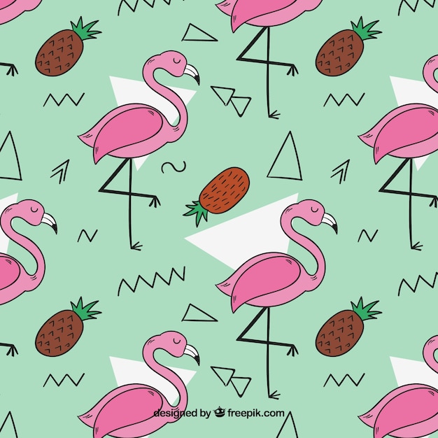 Flamingos pattern with pineapples in hand drawn style