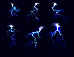 Free vector flash of blue lightning in night starry sky realistic set isolated vector illustration