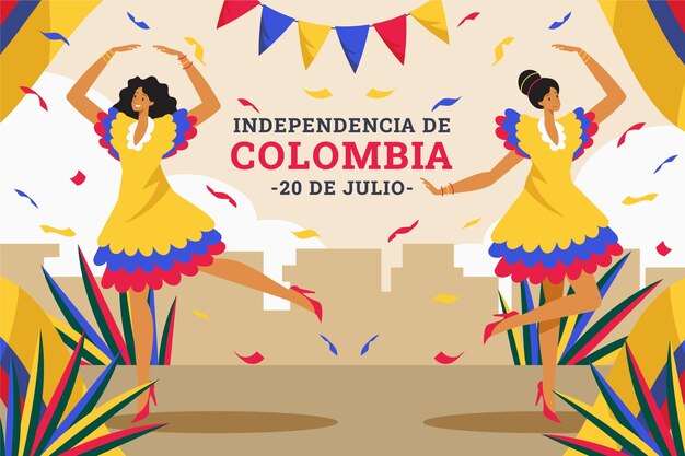 Flat 20 de julio background with women dancing and confetti