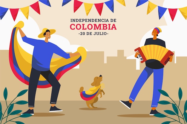 Flat 20 de julio illustration with people and dog dancing to accordion music