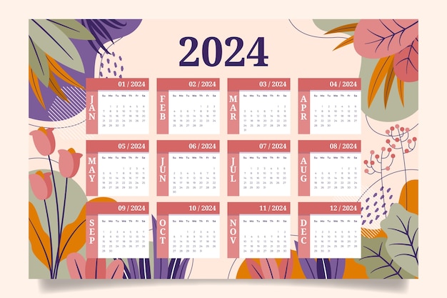 Free Vector flat 2024 calendar template with leaves