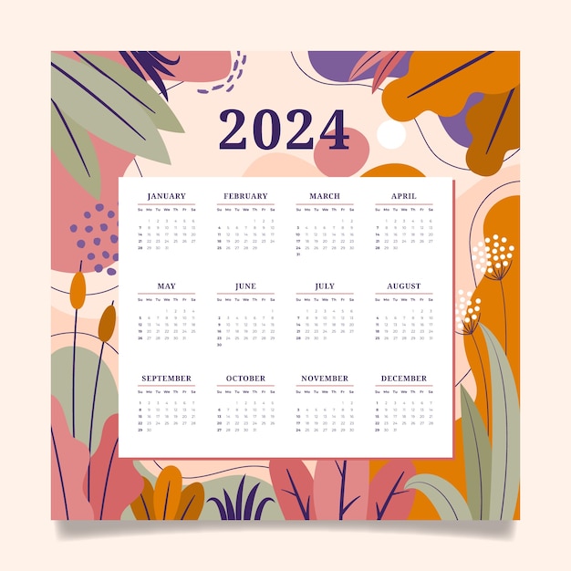 Free vector flat 2024 calendar template with leaves