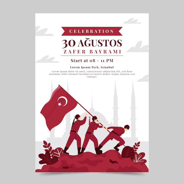 Free Vector flat 30 agustos poster template with soldiers holding flag