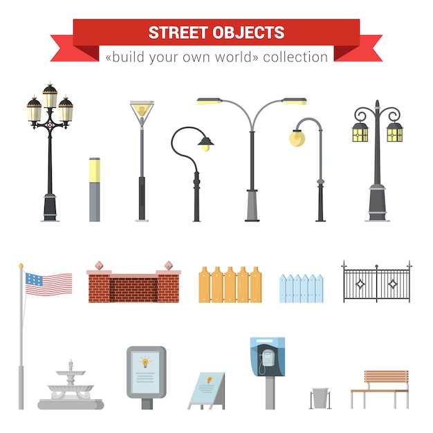 Free Vector flat 3d high quality city street urban objects icon set. street lights, citylight, fence, usa flag, fountain, sign, street phone, bench. 
build your own world web infographics collection.