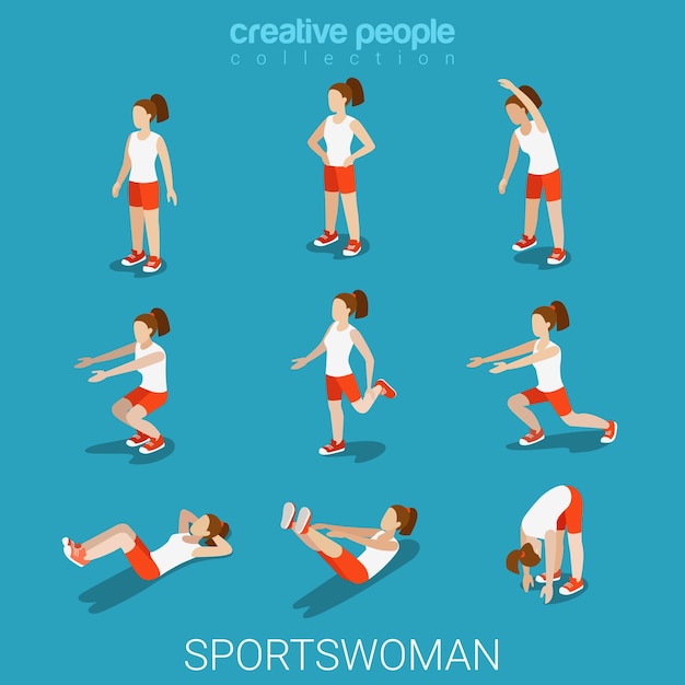 Flat 3d isometric style sportswomen male sport concept