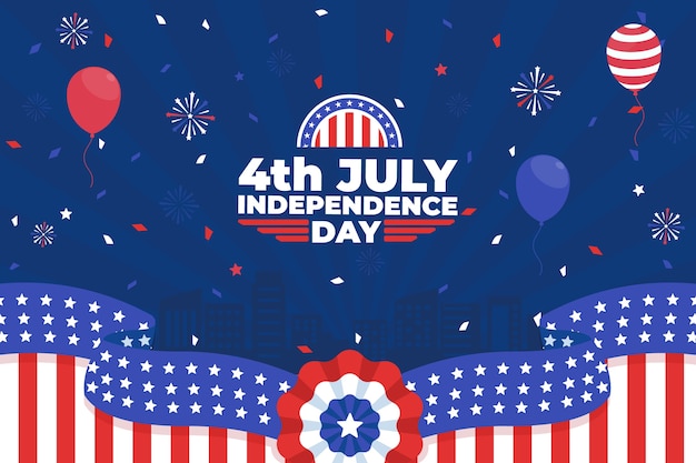 Flat 4th of july background with balloons and confetti