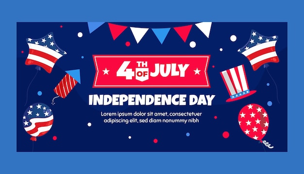 Flat 4th of july horizontal banner template with balloons and fireworks