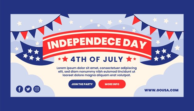 Flat 4th of july horizontal banner template with bunting