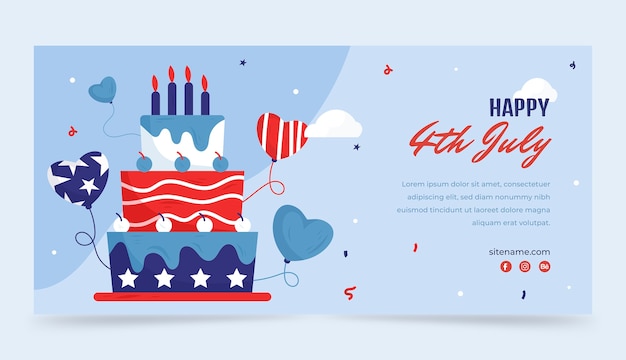 Flat 4th of july horizontal banner template with cake and balloons