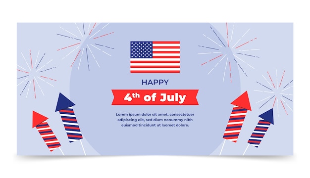 Flat 4th of july horizontal banner template with fireworks