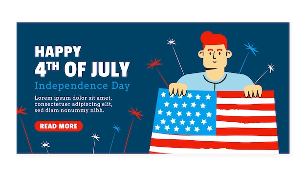 Flat 4th of july horizontal banner template with man holding flag