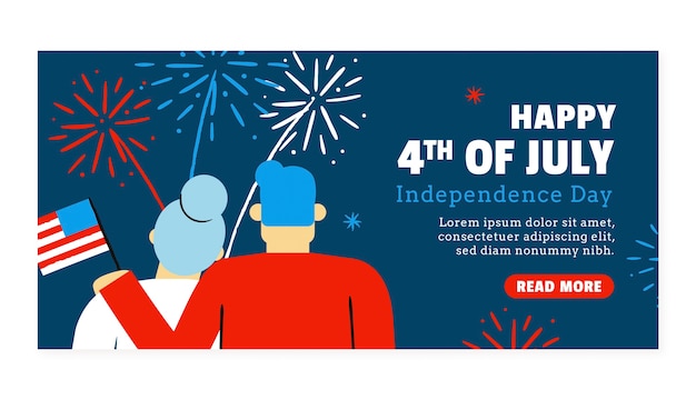 Flat 4th of july horizontal banner template with people watching fireworks