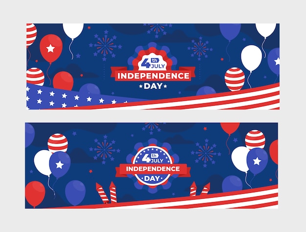 Flat 4th of july horizontal banners set with balloons